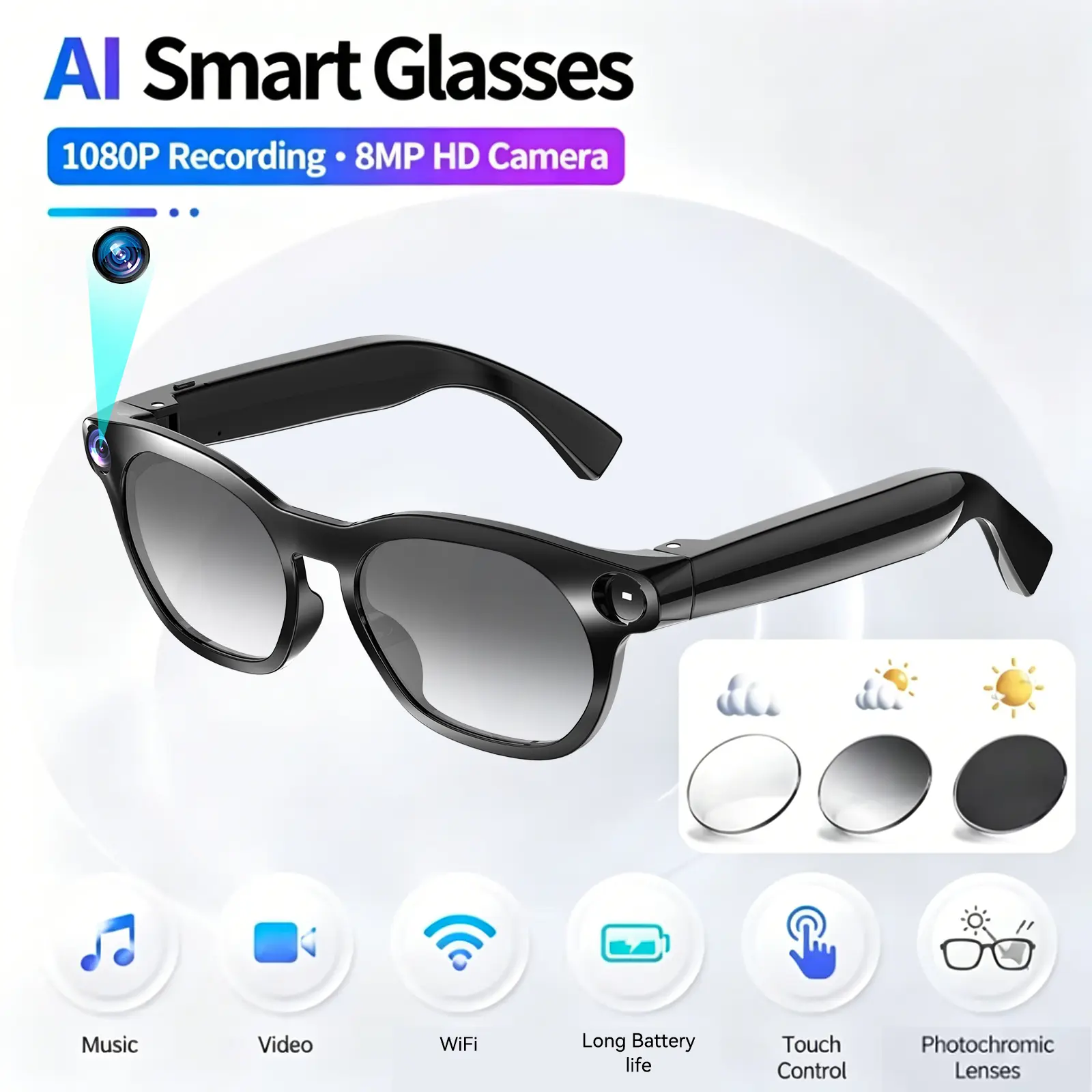 AI Smart Glasses with Camera and Audio, 8MP HD Camera Glasses for Men Women,1080P Video Recording Glasses,Real Time Translation,Voice Assistant, Open-Ear Audio for Travel, Meetings & Vlogging tiktokshopbacktoschool