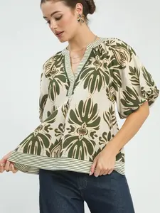 Mix Printed Puff Sleeve Top with Contrast Trim