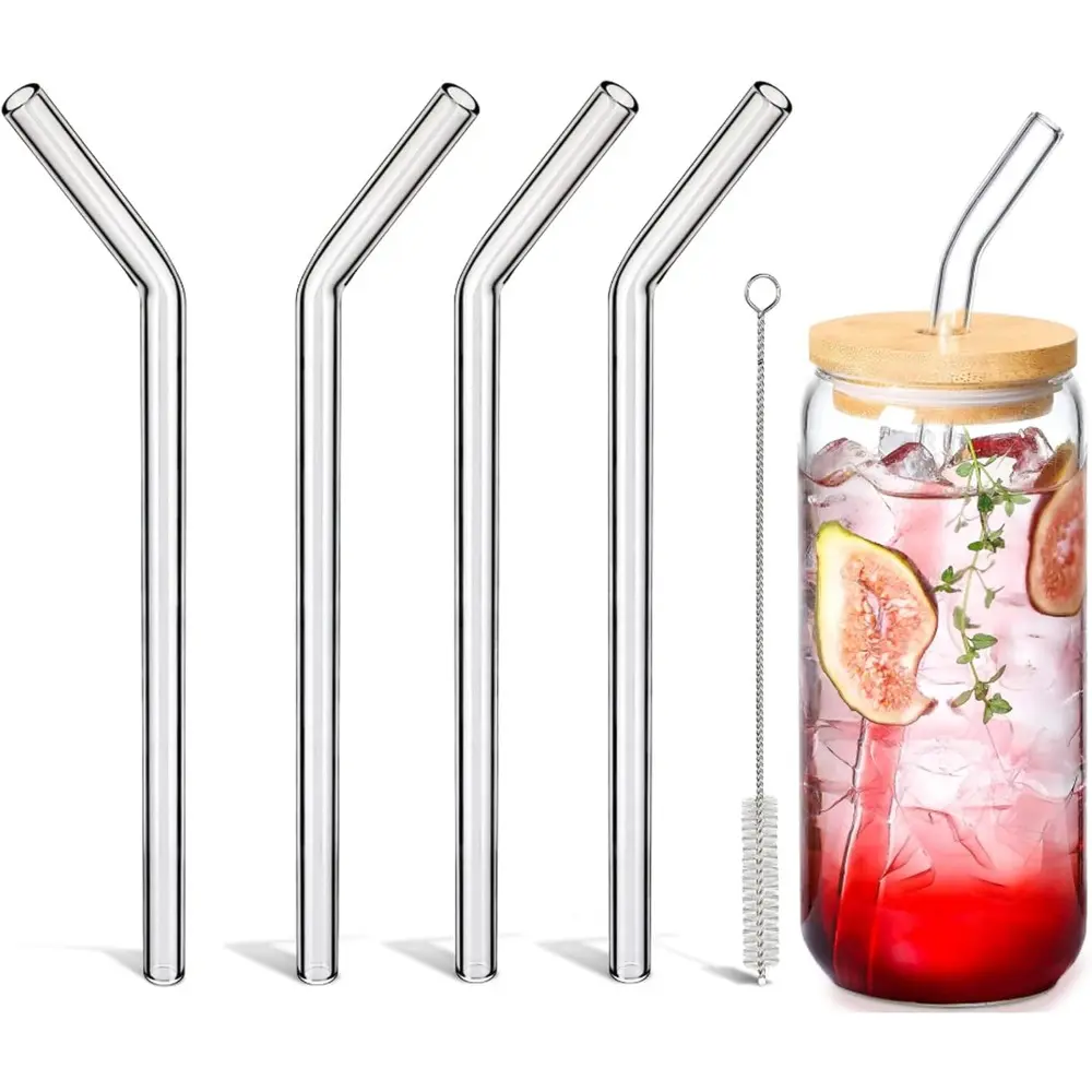Borosilicate Glass Straws, Shatter Resistant, 9 in, 8 mm, BPA Free, Reusable Drinking Straws for 16 oz Tumbler, Clear Bent Skinny for Iced Coffee and Hot Drinks