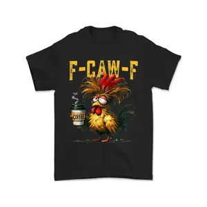 Men'S & Women'S Funny Chicken Coffee Graphic T-Shirt - 100% Crew Neck Short Sleeve with "F-Caw-F" Rooster & Coffee Cup Print - Casual Humorous Apparel for Halloween, Christmas, Birthday Gifts, Gardening & Casual Attire - Soft Breathable Unisex Tee f