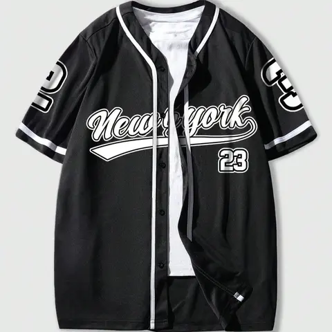 Men's Letter & Number Print Button Front V Neck Baseball Jersey, Casual Drop Shoulder Short Sleeve Sportswear Top for Daily Wear, Men's Clothes for All Seasons Jersey Shirts, Casual Sporty Top