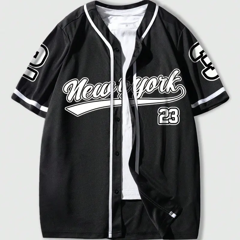 Men's Letter & Number Print Button Front V Neck Baseball Jersey, Casual Drop Shoulder Short Sleeve Sportswear Top for Daily Wear, Men's Clothes for All Seasons Jersey Shirts, Casual Sporty Top