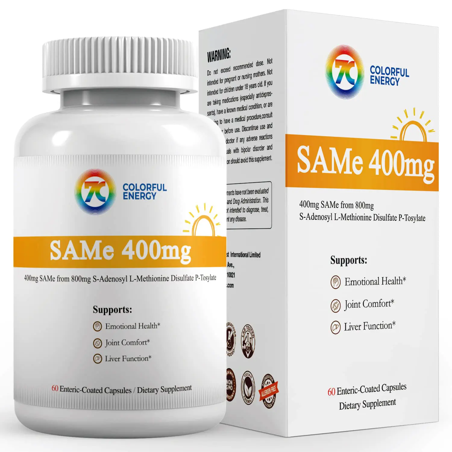 7c Sam e 400mg Supplement (S-Adenosylmethionine), Vitamin B6, B12 Added to Enhance Sam-e Effectiveness, Mood and Joint Comfort, Vegan, Non-GMO, Gluten-Free, 60 Enteric Coated Capsules