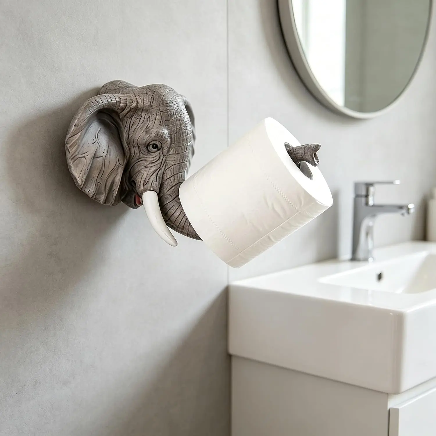 Resin Elephant Wall-Mounted Toilet Paper Holder Fits 11" Wide Kitchen Rolls & Standard Bathroom Rolls Dual-Space Versatility