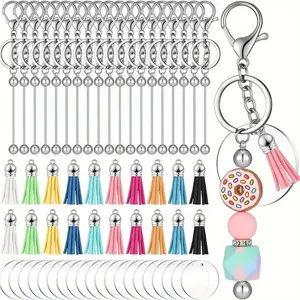 30/60PCS Beadable Keychain Bars with Blanks and Colorful Leather Tassels Bulk for DIY Keychain Jewelry Making