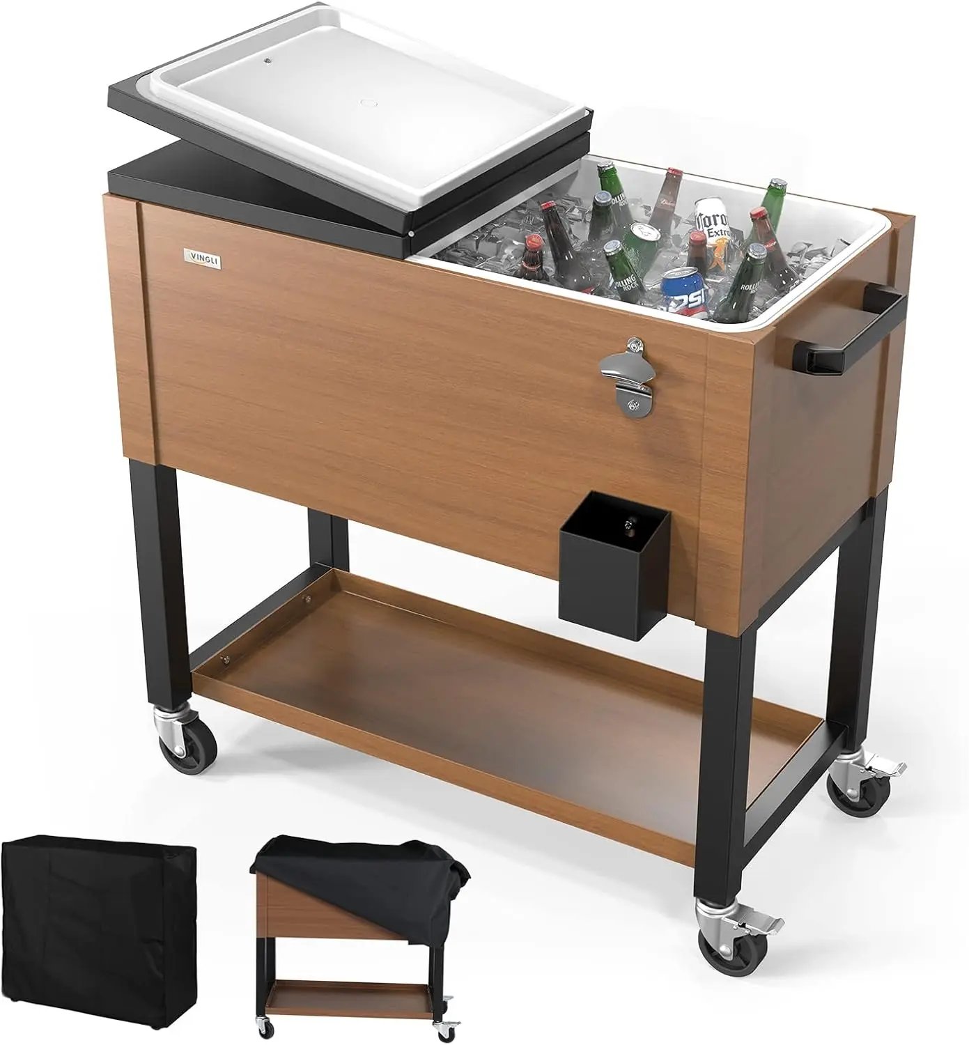 VINGLI 80 Quart Rolling Ice Chest on Wheels, Patio Cooler Cart with Waterproof Cooler Cart Cover, Beverage Rolling Cooler for Outdoor Patio Deck Party