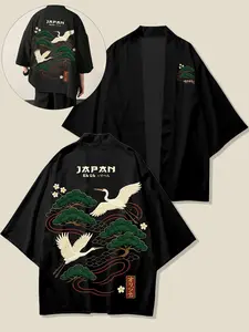 Men's Japanese Haori Kimono Cardigan Black Oversized 3/4 Sleeve Open Front Jacket Vintage Ukiyo-e Crane Pine Print Lightweight Breathable Casual Kimono For Summer Street Beach Vacation Daily Outdoor Wear