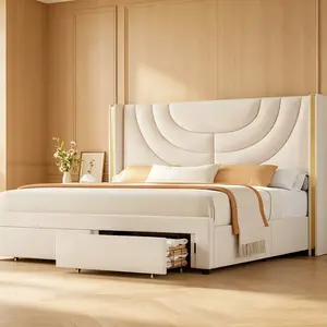 Upholstered LED Bed Frame with Storage Drawers, Wingback Headboard, Solid Wooden Slats Support, No Box Spring Needed, Headboard Splicing Design