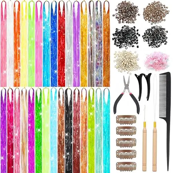 Hair Tinsel Kit, 30 Colors 48 Inch Glitter Tinsel Hair Extensions for Girls, 9000 Strands Sparkling Heat Resistant Fairy Hair Tinsel for Fourth of July Christmas Party Carnival Festival