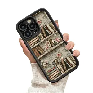 Vintage Bookshelf Floral Pattern Aesthetic Silicone Case for Book Lovers, Slim Fit Shockproof Anti-Drop Protective Lightweight TPU Casing for iPhone 17, 16, 15, 14 Pro Max, 13, 12, 11, XR, XS Plus, Air outdoorfun
