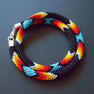 Handmade Black Dusk Pattern Beaded Necklace Native American Style Stretch Multilayered Bangles Stretchy Rosary Bracelet