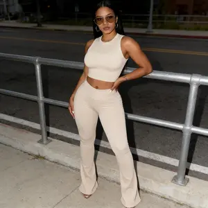 Ladies' casual set vest bell-bottom two-piece set ribbed soft and comfortable clothing sports outing set