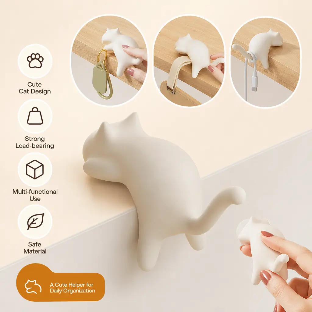 1 Count Cat Shaped Desktop Hook, ABS Plastic Adhesive Hanger for Hanging Keys, Backpack and Charging Cables to Organize Desktop at Home and Office