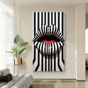 Canvas  Art - Modern abstract lips design with bold red lips, gold accents and black/white stripes, modern art deco style for living room, bedroom, office, classroom,  art decor, office artwork, statement piece, sharp contrast restaurant wall