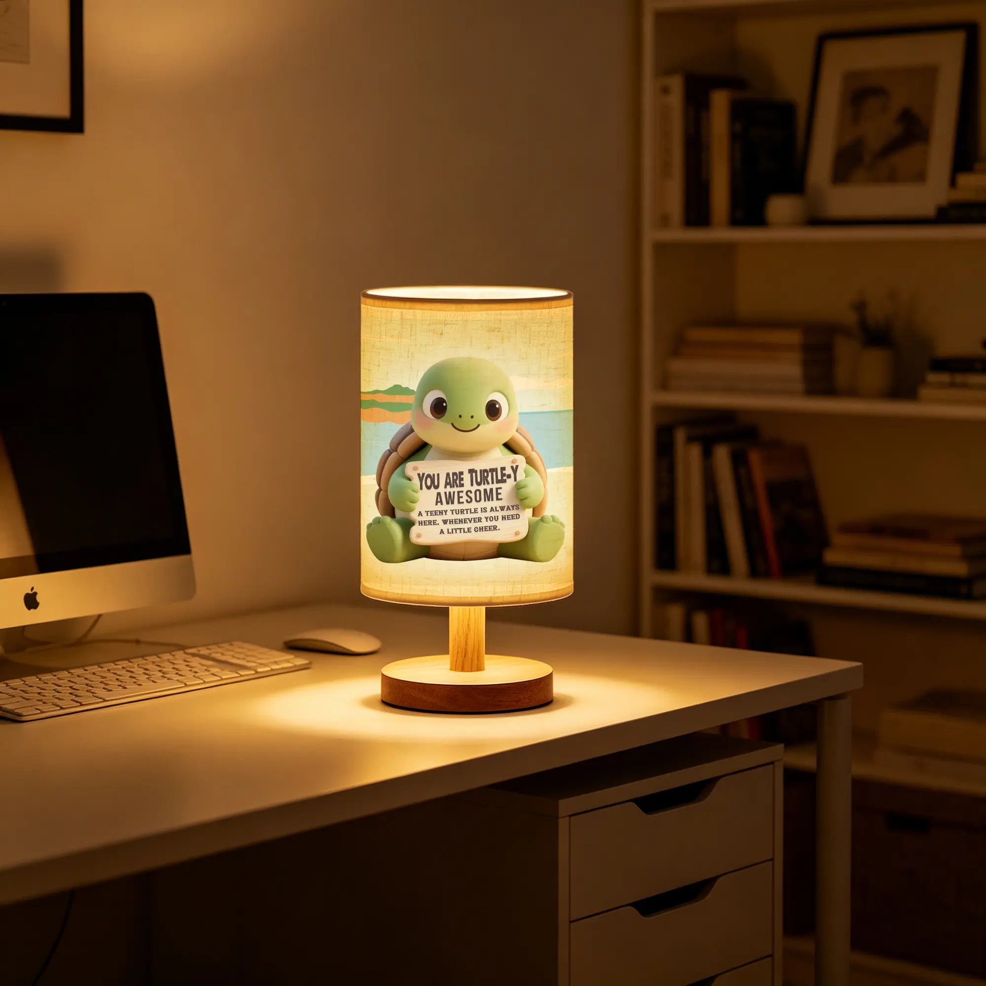 Cute Turtle Table Lamp Gift for Aunt, USB Dimmable Wooden Base Bedside Night Light with Funny Pun Words, Unique Encouragement Present for Women