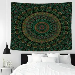 Dark Green Mandala Design Large Tapestry, Bohemian Aesthetic Wall Hanging, Vintage Floral Mandala Wall Decor, Multiple Sizes, Easy To Clean Maintain, Home Decor For Living Room Bedroom Party, Great Gift For Family Friends