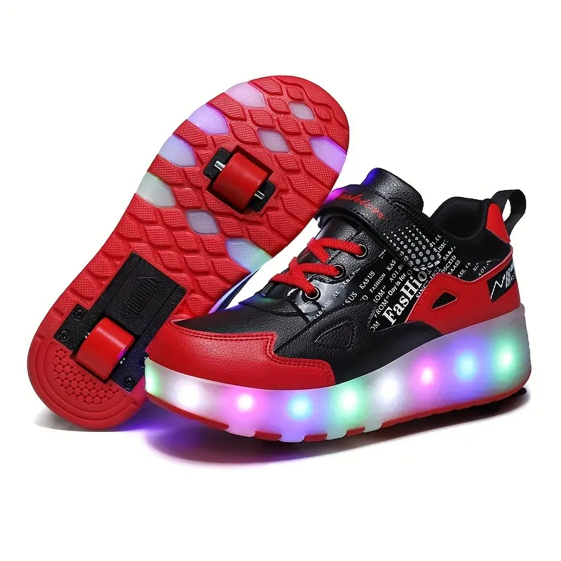 Boy's Fashion LED Light Up Roller Shoes QQ45666 With Hook & Loop Fastener Comfy Detachable Wheel Skate Sneakers For Kids Teen Outdoor Casual High Top