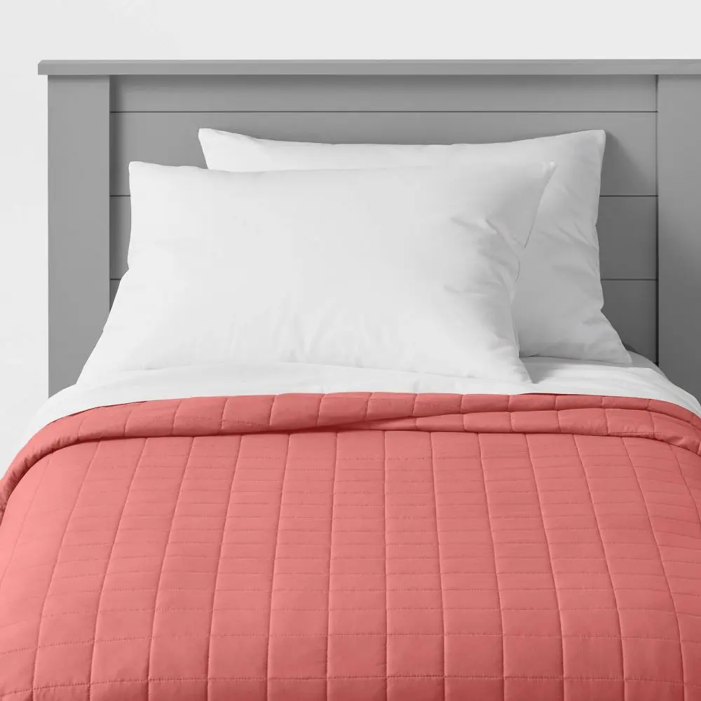 Full/Queen Box Stitch Microfiber Kids' Quilt Faded Rose - Pillowfort: Polyester Bedding OEKO-TEX Certified
