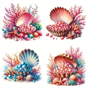Sea Life Themed Sticker, 4 Counts/set Colorful Seashell & Coral Design Sticker, DIY Decoration for T-shirts, Backpacks, Scrapbooking
