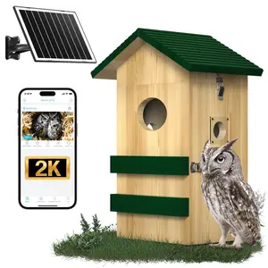 Owl Box with Camera Solar Powered,Large Pinewood Owls Nesting Box for Screech owl,4G Cellular,2K HD,Instant Alerts,Night Vision,APP Control,Nest Box for Outside（NOT WiFi）