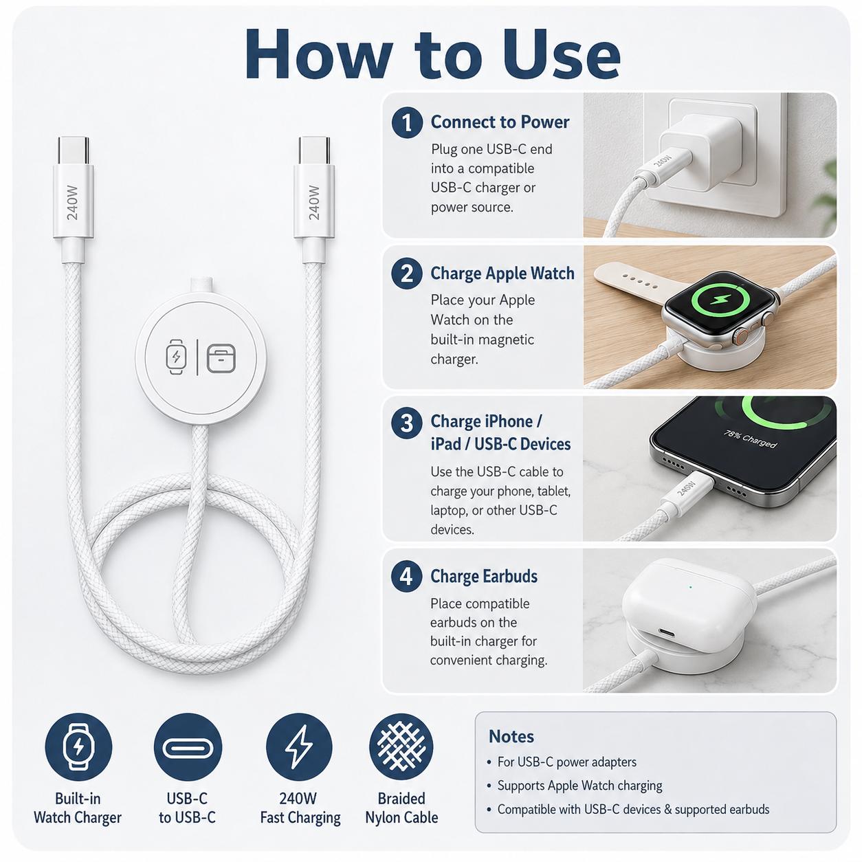 3-in-1 240W Travel Charger with Built-In Magnetic Watch Charger USB-C to USB-C Cable, 5FT Braided Cord, Compatible with Apple Watch Series/SE/Ultra, AirPods 3rd/4th Gen, Pro/Pro 2, iPhone, iPad, MacBook and Samsung 3-in-1 240W Travel Charger with Built-In Magnetic Watch Charger USB-C to USB-C Cable, 5FT Braided Cord, Compatible with Apple Watch Series/SE/Ultra, AirPods 3rd/4th Gen, Pro/Pro 2, iPhone, iPad, MacBook and Samsung