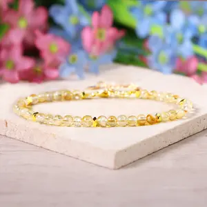 Natural Dainty Citrine 4mm Round Beads Yellow Crystal Healing Charka Crystal Gold-Plated Chain Minimalist Bracelet Gift for Women