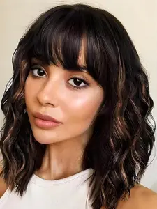 Short Bob Wavy Wig with Bangs for Women，Synthetic Shoulder-Length Black Mixed Brown Wigs, Glueless Wigs for Daily Vintage and Costume Party Use（14 Inch）.