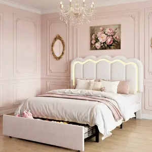 HOOMIC Twin/Full/Queen Size Velvet Platform Bed Frame with LED Lights, Large Storage Drawer, and Adjustable Wavy Headboard – Noise-Free, No Box Spring Needed, Soft White/Pink/Black/White