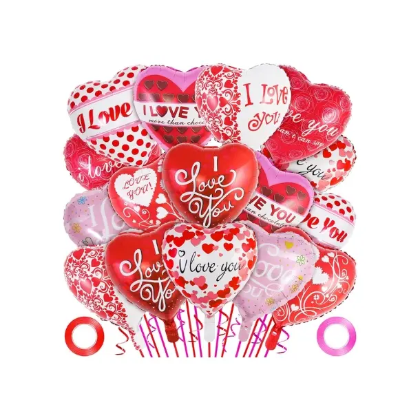 16 Pcs Inflatable Red Heart-Shaped Metal Foil Balloons, "I Love You" Valentines Day Decor, Romantic Decor for Special Night Party Decoration (Home & Festive Party Supplies)