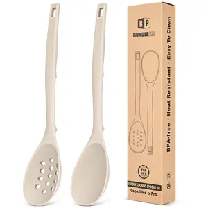 Pack of 2 Silicone Cooking Spoons, Non Stick Solid Kitchen Spoon with Measuring Marks & Back Hooks, Heat Resistant Silicone Slotted Spoon for Cooking, Mixing, Stirring,Serving