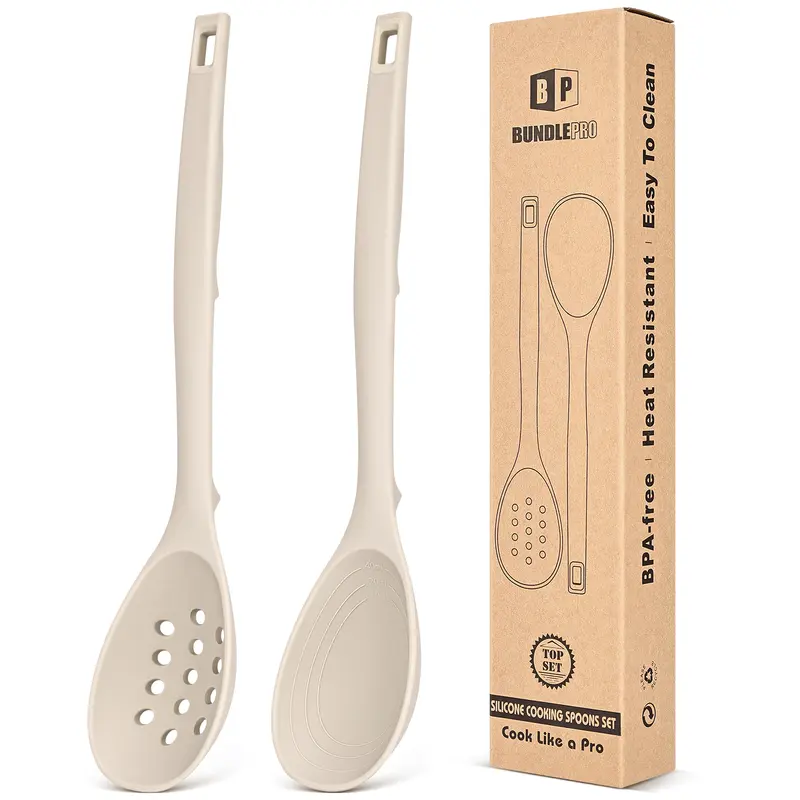 BUNDLEPRO 2-Pack Kitchen Utensils Set - Food-Safe Silicone, Heat-Resistant, Bendable Spatulas & Turners, Non-Stick Solid Spoon with 10ml Measuring Marks, Soft Pot-Safe Tip, Hanging Hooks, Slotted Spoon for Cooking