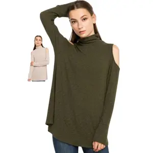 *CLOSEOUT SALE Mittoshop Mock Turtleneck Cold Shoulder Top - Olive or Taupe