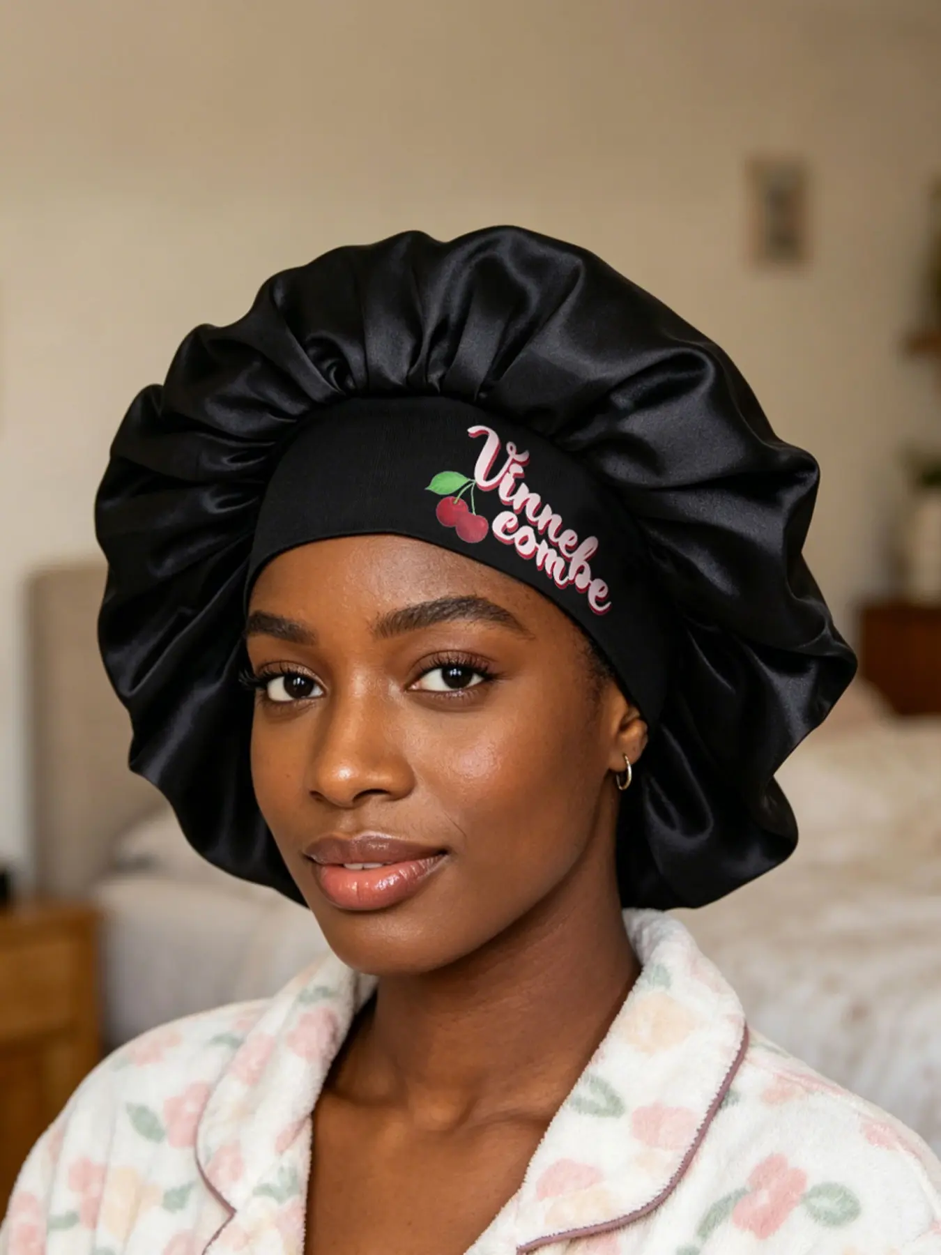 Cherry Women's Satin Sleep Hat Hair Protector, Hair Care Cap, Soft Comfortable Design, Ideal for Night Use, Fashionable Women's Headwear