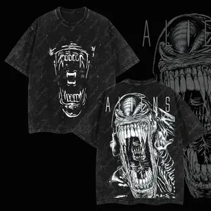 Superstyle Xenomorph Alien Outer Screamer Alien vs. Predator AVP Edition Double Printed Oversize Lightweight Acid Washed Tee TV Series Movies Graphic Design Top Cotton Streetwear Comic Superheroes T-Shirt Clothes Menswear Womenswear QJJ DNJ