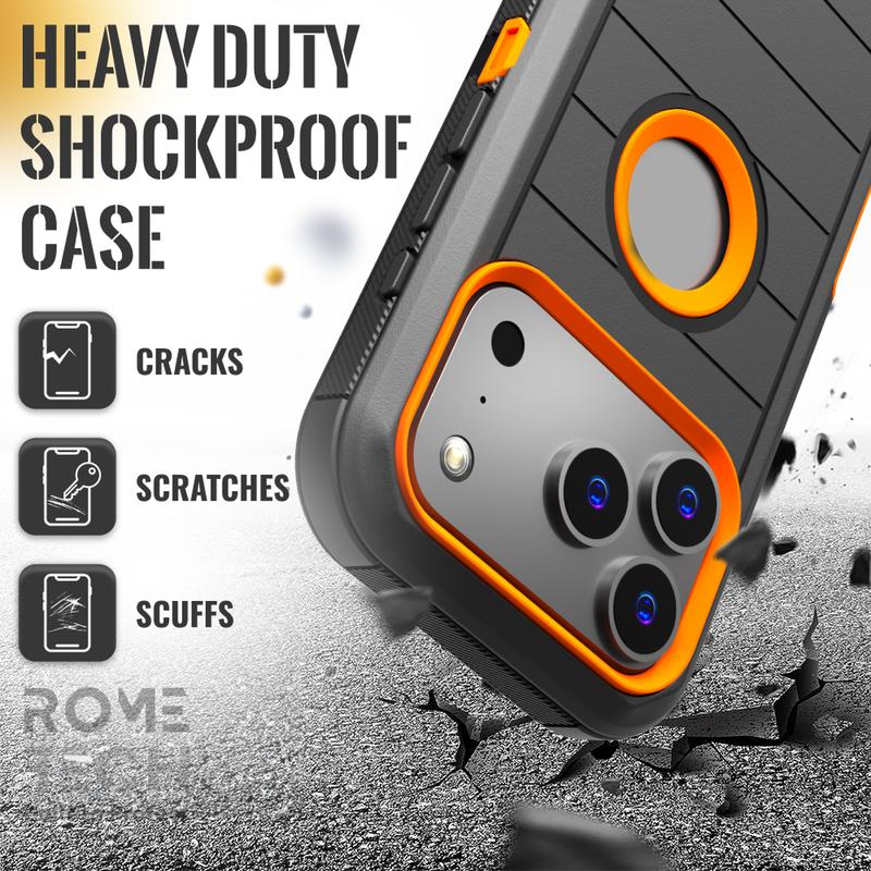 Rome Tech Shockproof Cover Defender Case for iPhone 17/16/15 Pro Max Four Layers of Protection Cellphone Casing Heavy-duty Protection Holster doubles as a kickstand