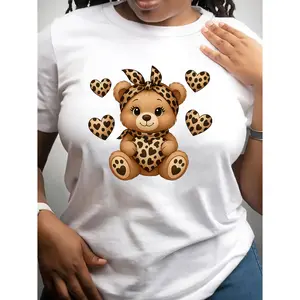 Womens Cotton Short Sleeve Graphic Tee Cute Teddy Bear With Leopard Heart Print Soft Casual Summer Top For Daily Wear Travel Lounge And Gift For Her