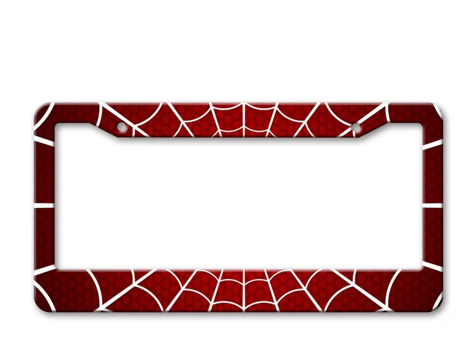 [Superhero Web Style] White Red Web License Plate Frame, Aluminum Metal Car Plate Holder, Spider Mesh Pattern Tag Cover with Screw Caps, Fits US 12x6, Gift for Men
