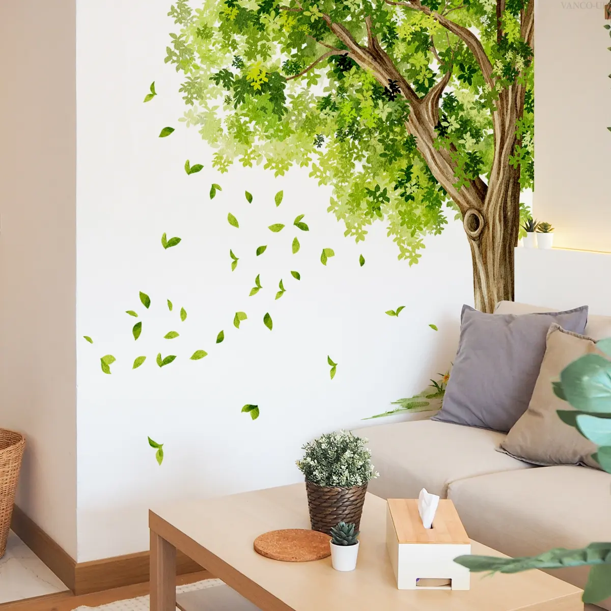 Hand-Painted Dense Tree Wall Stickers Set of 3 (30x90cm), Decorative Wall Sticker Living Room Bedroom Home Decor, Leaf Design Background Decoration, Wall Art Stickers, Wall Decals
