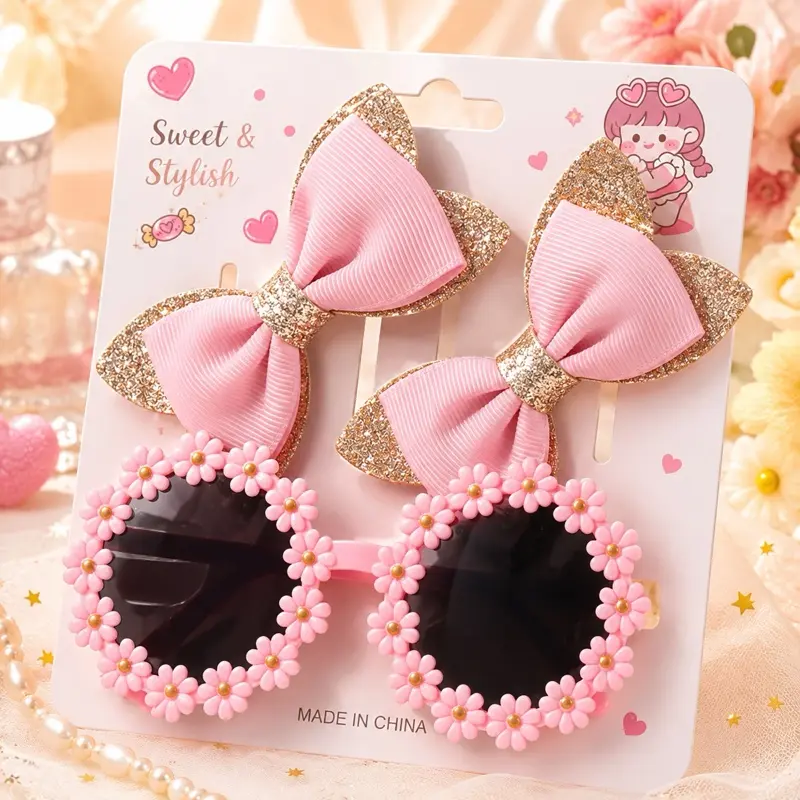 Adorable Girls Bow & Daisy Sunglasses Set - Pink & Yellow - 2 Sparkly Bow Hair Clips & 1 Daisy Flower Sunglasses - Lightweight & Comfortable - Perfect Gift for Toddlers & Little Girls - Ideal for Birthdays & Parties