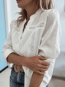 European and American Style Spring and Autumn Stand Collar Bubble Long Sleeve Lace Patchwork Cotton Linen Embroidered Shirt 10389