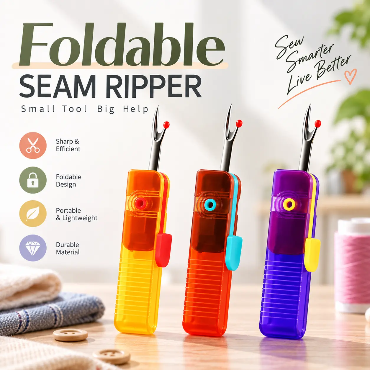 2 Pack Foldable Seam Ripper Tool, Portable Stitch Remover with Stainless Steel Blade, Compact Thread Cutter for Sewing, Quilting, Clothing & Crafts