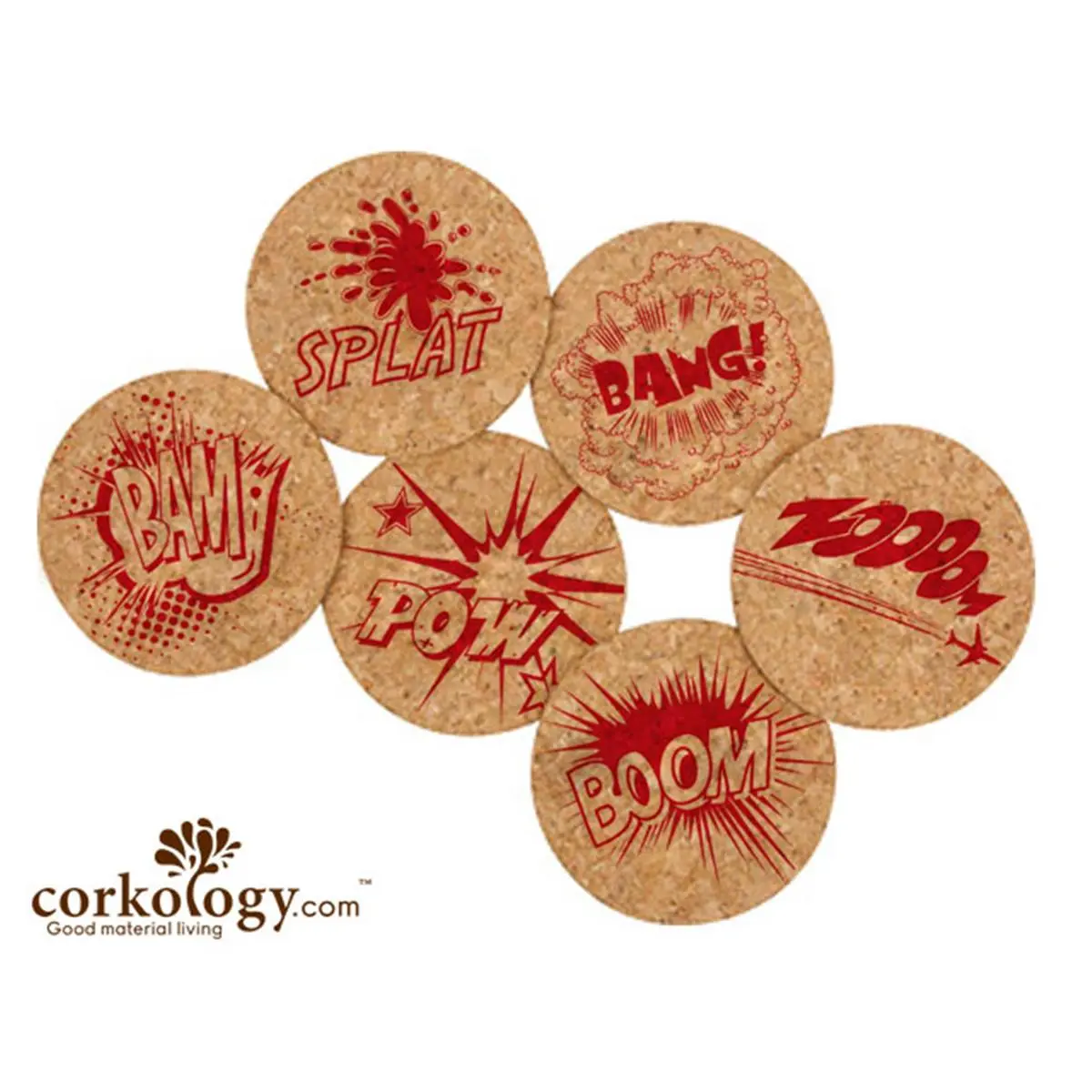 212 MAIN Structural Cork Cocktail Coasters - 6-Piece Letter-Press Comic Print Tableware for Home Bar Use, Kitchenware & Bar Utensils