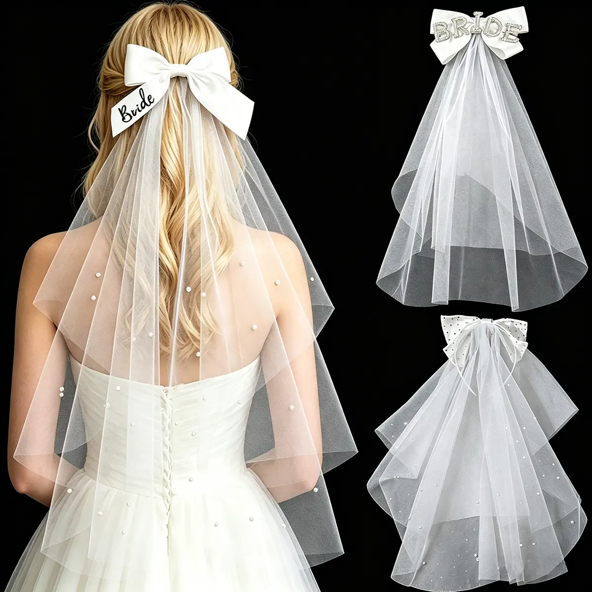 AWAYTR Bride-to-Be Bow Headband Veil & Imitation Pearl Headband - 4 Styles, Rhinestones, Lightweight, Reusable, Solid Color, Hand Wash Only Wedding Accessory for Bachelorette Party, Church Ceremony, Plain, Tulle Veil, Secure Fit, Luxe Bridal Look, Easy To