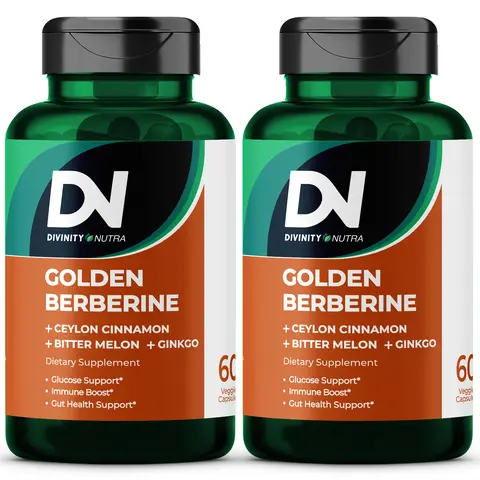 DN 2 Packs 4-in-1 Golden Berberine Supplement 1500mg, Glucose Support, with Ceylon Cinnamon Bitter Melon Ginkgo, Support Gut Health, Metabolism, Wellness, 60 Capsules, Divinity Nutra
