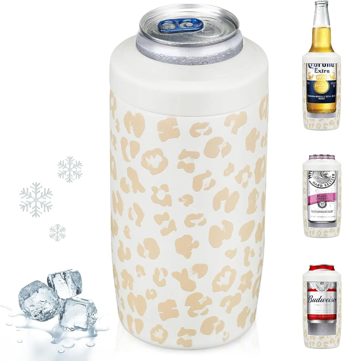 Slim Can Cooler, 4-in-1 Double Walled Stainless Steel Insulated  Can Holder, Works With All 12 Oz Cans,Bottles & As A Pint Cups - Leopard