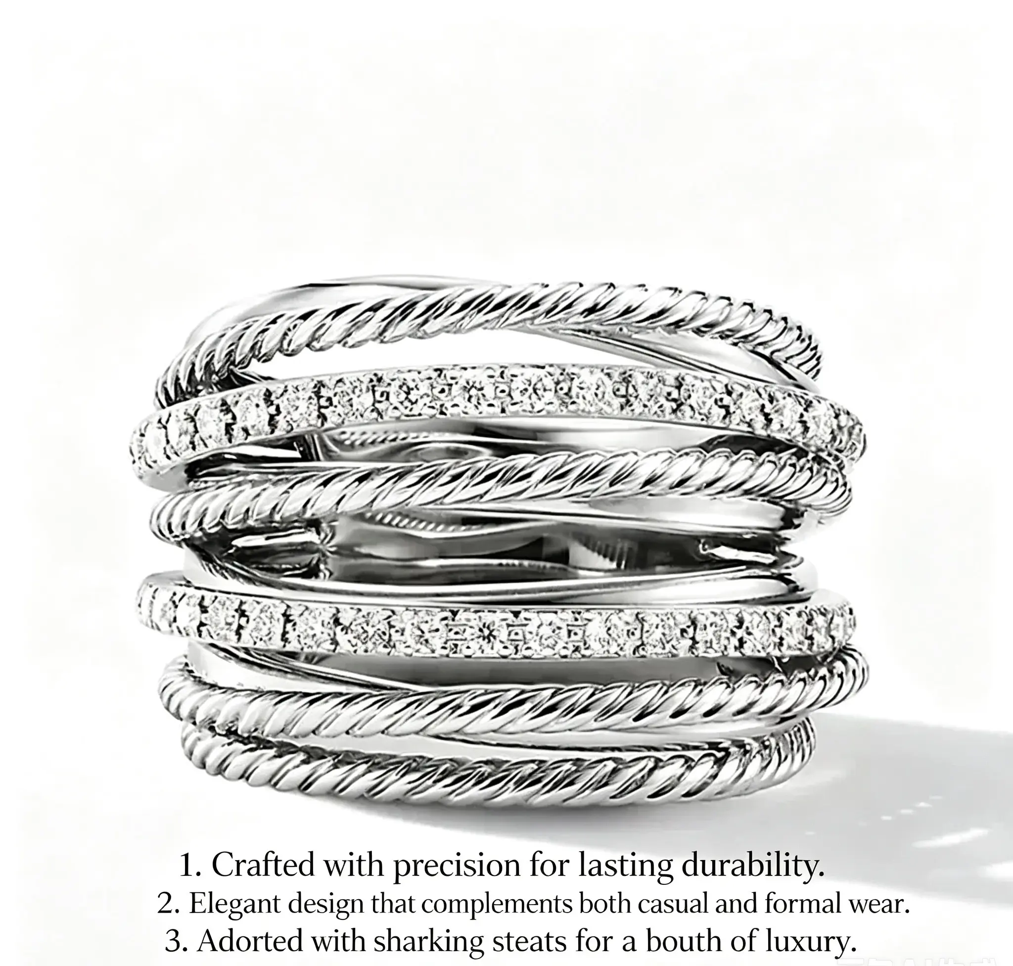 Vintage Multi-Strand Intertwined Ring, Multi-Layer Band Inlaid With Cubic Zirconia Stones, 14K Silver Plated, Waterproof & Anti-Tarnish, Unisex Versatile Unique Decorative Ring For Men And Women