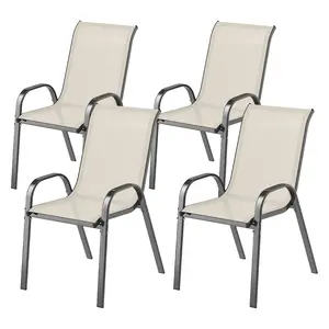 Set of 4 Outdoor Dining Chairs Beige Stackable Patio Chairs High Back Breathable Mesh Seat Curved Armrests for Garden Lawn Morning Coffee