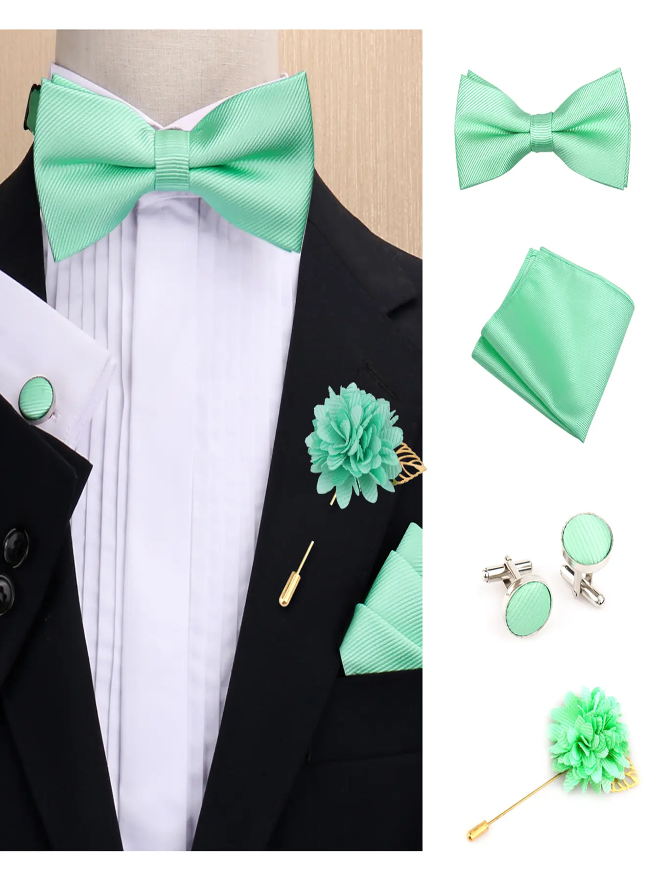 Men's Fashion Elegant Solid Color Bow Tie Set Bow Tie Design, Includes Pocket Square, Brooch Pin & Cufflinks, Perfect for Banquets, Business Events, Weddings
