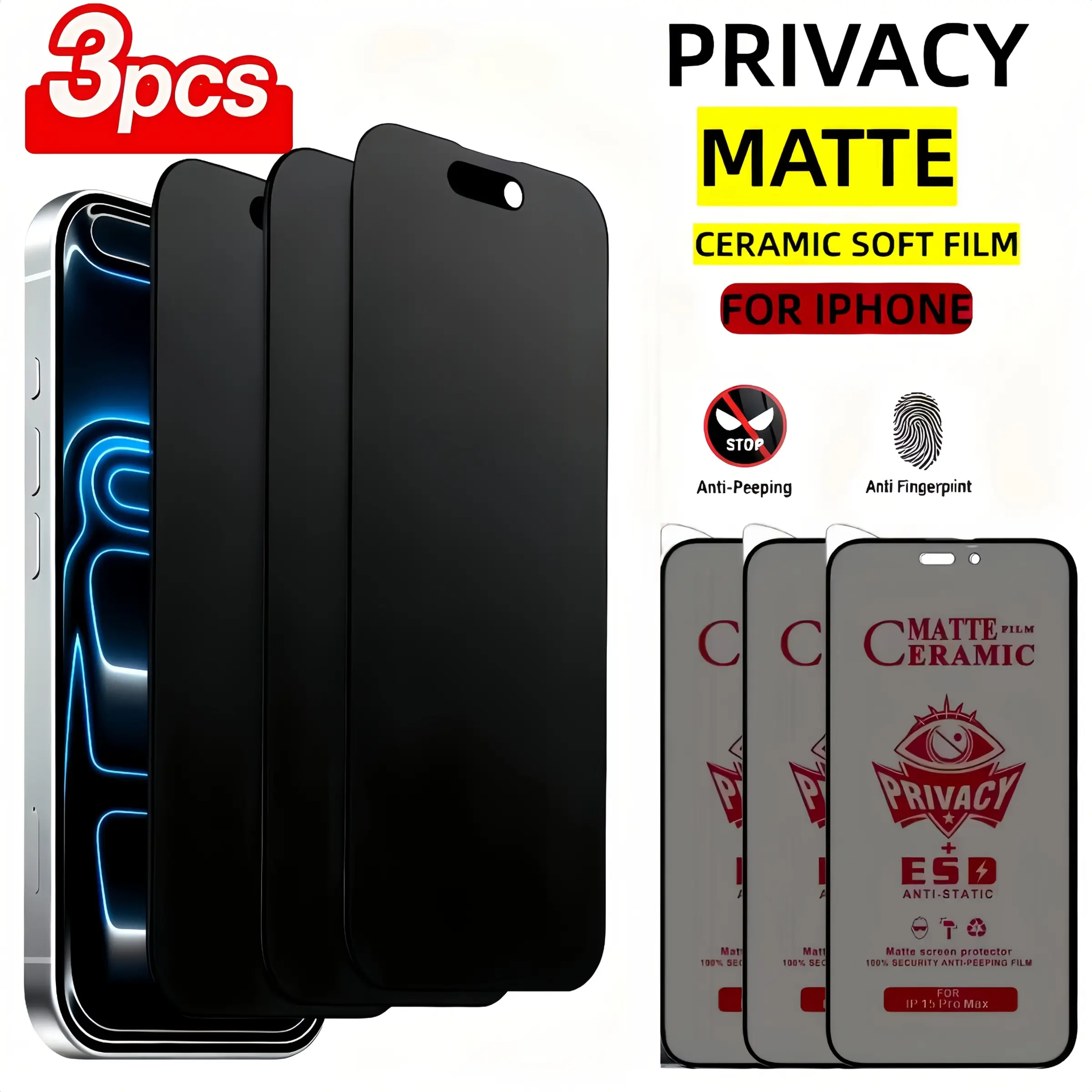 3 Matte Film Privacy Ceramic Protective Cellphone Screen Protectors for iPhone 17 Pro Max/17 Air/16 Pro Max/16 Plus/15/14/13/12/11, Edge Protection, Anti-Scratch, Easy to Install, Smartphone Accessories