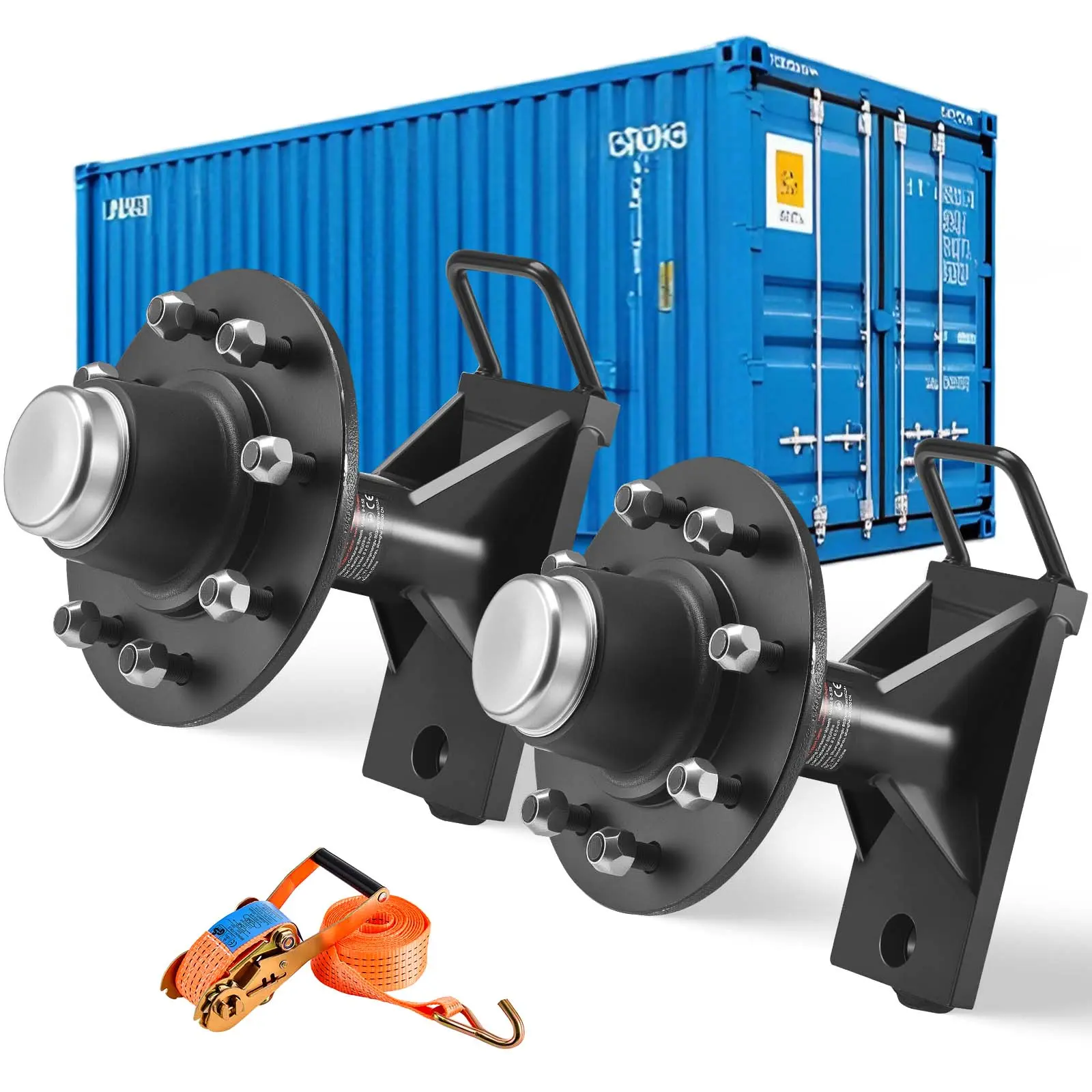 【SummerFinds】VEVOR Shipping Container Wheels 8-Lug Wheels Kit, Heavy Duty Shipping Container Axle with Ratchet Tie Down-Moves 20 ft - 40 ft, Secure Transport for Dock, Warehouse, Construction Site, Black